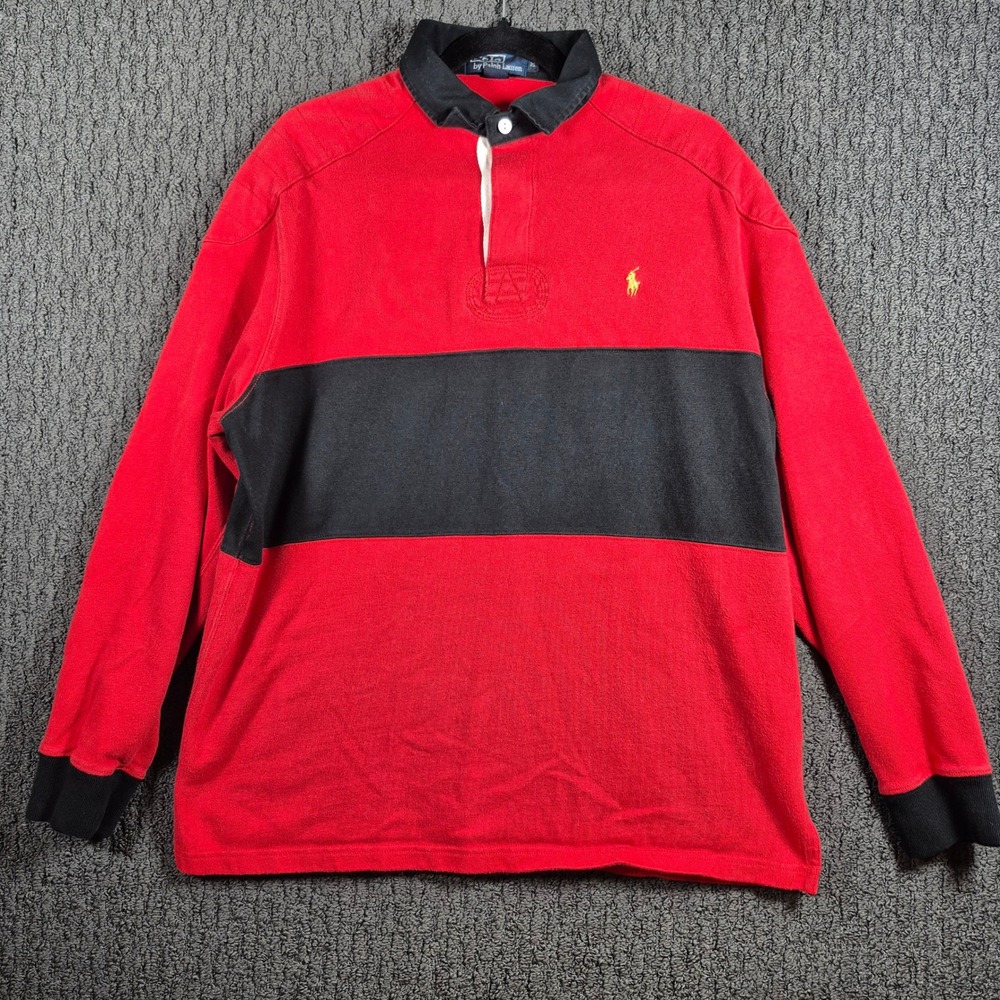 Polo Ralph Lauren Rugby Shirt Mens M Red Black Colorblock Long Sleeve Y2K